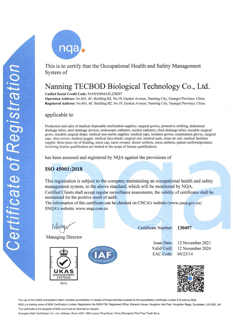 Certificado para el Sistema de Gestión de Seguridad y Salud en el Trabajo ISO 45001 2018 TECBOD