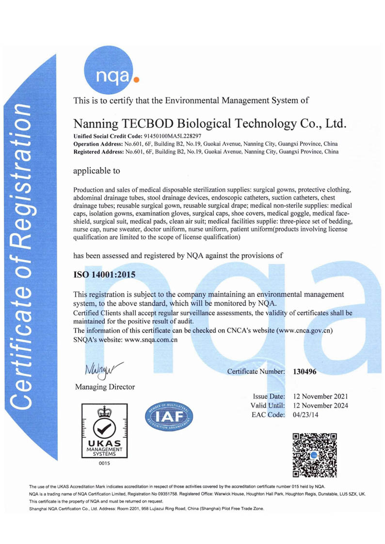 Certificado para el Sistema de Gestión Ambiental ISO 14001 2015 TECBOD