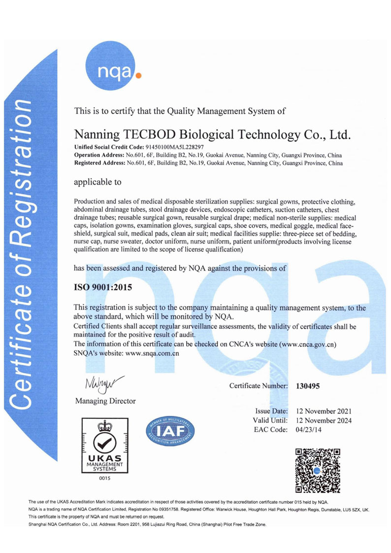 Certificado para el Sistema de Gestión de Calidad de Productos Médicos TECBOD ISO 9001:2015